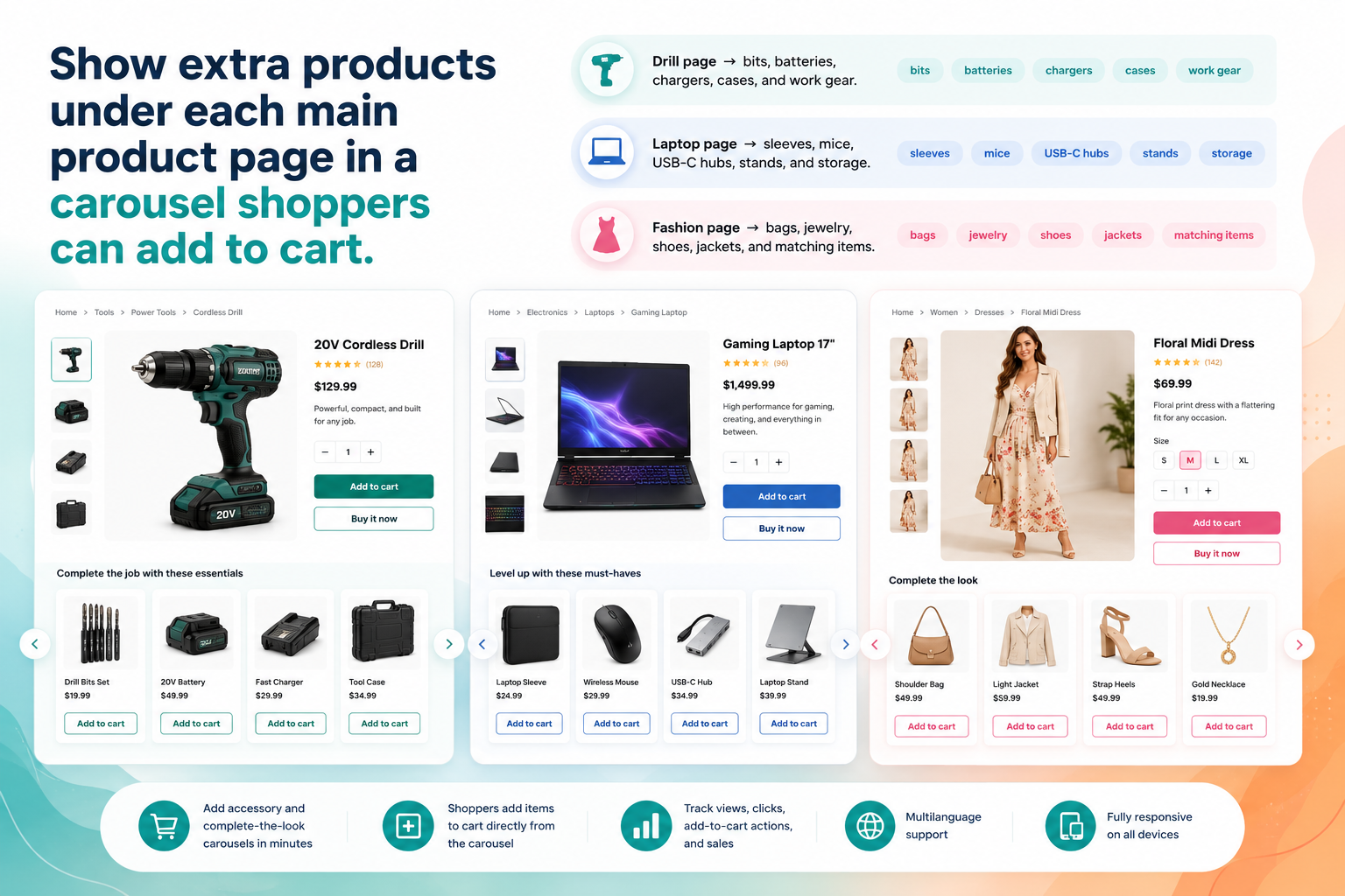 ReUpsell accessory carousel examples for drill, laptop, and fashion product pages
